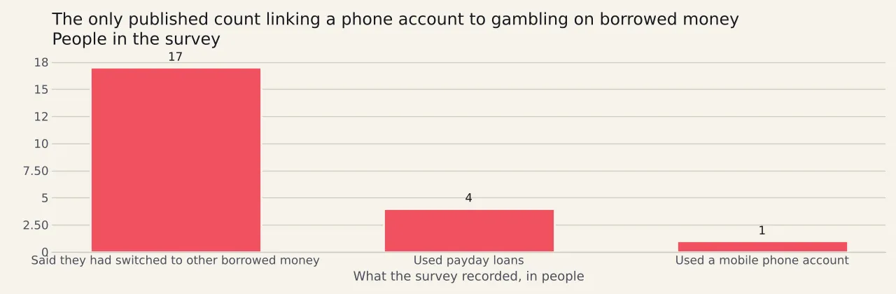 Three bars counting people in one survey: seventeen who said they moved to other borrowed money, four of them using payday loans and one using a mobile phone account.